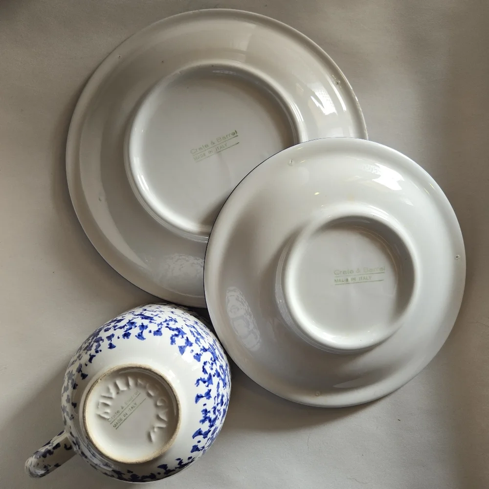 Crate & Barrel ~ Cup, Saucer and Salad Plate ~ Italy Blue Splatter Sponge Ware